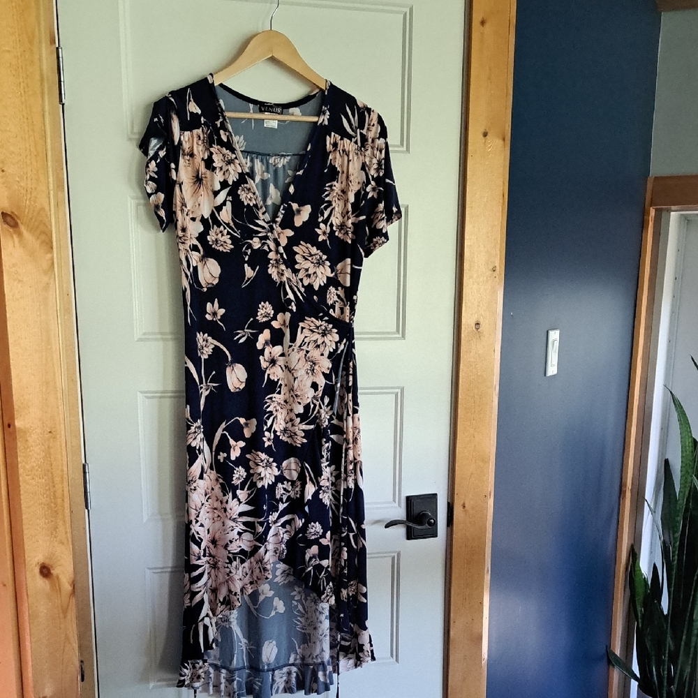 VENUS Navy and Pink Floral High Low Dress